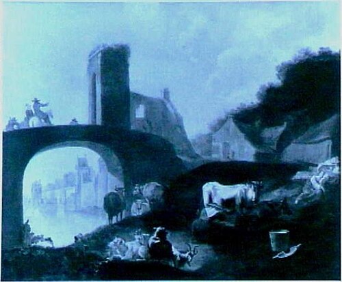 Brug met doorkijk op de Wittevrouwenpoort te Utrecht en Landschap met boerderij, , Jacob Gerritsz. van Bemmel
