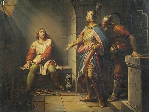 Ludwig der Bayer verkündet Friedrich dem Schönen 1314 seine Freilassung und bietet ihm die Mitregent, 1864, Leopold Schulz
