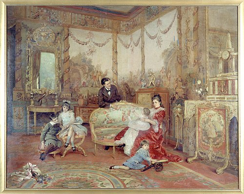 Portrait de Victorien Sardou (1831-1908), de sa femme et de ses enfants dans le grand salon de leur , 1885, Auguste de La Brély