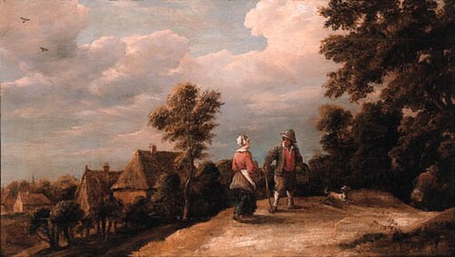 Peasants returning from market on a sandy path by a village, 1650, Thomas van Apshoven