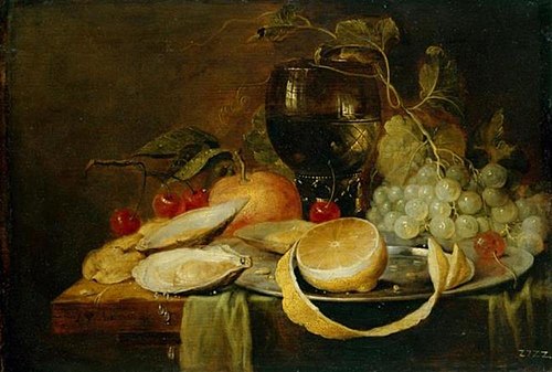 Stilleven van druiven, kersen en een appel rond een roemer; op de voorgrond oesters en een bord met , 1643, Thomas van Apshoven