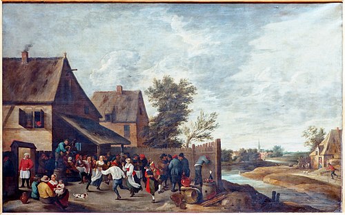 Fête de village avec joueur de cornemuse sur un tonneau, 1700, Thomas van Apshoven