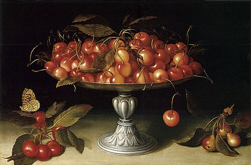 Cherries in a silver compote with crabapples on a stone ledge and a fritillary butterfly, , Fede Galizia