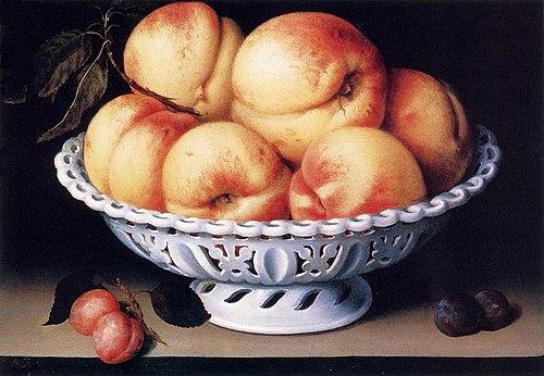 White Ceramic Bowl with Peaches and Red and Blue Plums, 1610, Fede Galizia