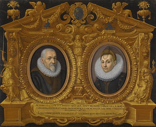Double portrait Jacopo Menochio and his  wife, Margherita Candiana, in a trompe l'oeil frame, 1606, Fede Galizia