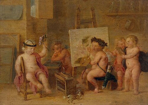 Painter's studio with putti, 1669, David Teniers III