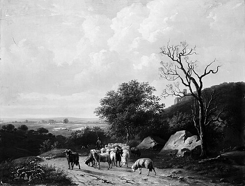 Heuvelig landschap met herder en kudde op een zandweg, , Louis-Pierre Verwee