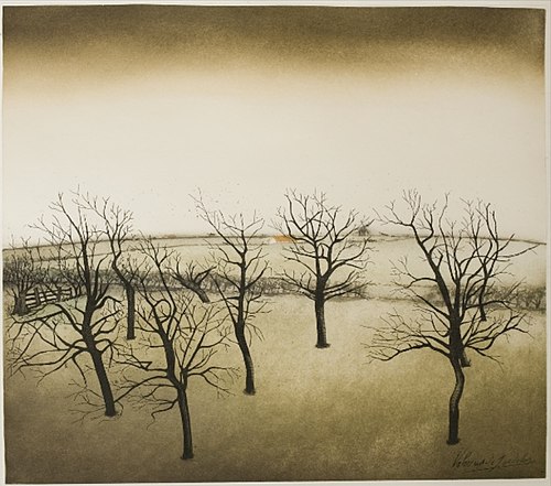 Blue sky - yellow landscape, trees without leaves, small house, 1923, Valerius De Saedeleer