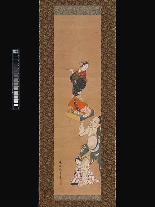 The Warrior Asahina Yoshihide Lifting a Puppet of a Courtesan on a Go Board, 1750, Torii Kiyoshige