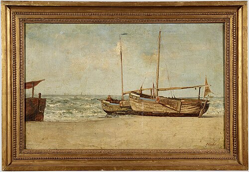 Drie Katwijker bomschepen op het strand, 1890, François Carlebur