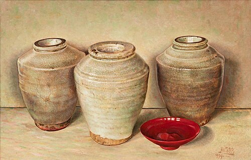 Three Green Vases and a Red Plate, 1939, Anton Willem den Beer Poortugael