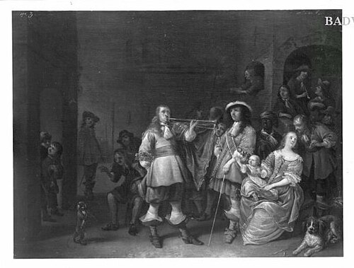 Jahrmarktszene mit Vorführung eines Affen (Offiziersgesellschaft), 1644, Antonie Palamedesz