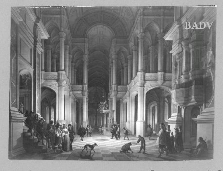 Church interior by candlelight, with figures, 1630, Antonie Palamedesz