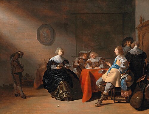 An interior with a company conversing at a table, 1673, Antonie Palamedesz