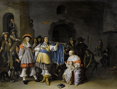 Interieur eines Wachraums mit einem Offizier mit Trompete und einer Mutter mit Kind., 1665, Antonie Palamedesz