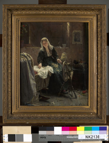 Interior with a woman spinning near a cradle, 1889, Edward Antoon Portielje
