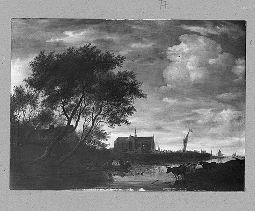landscape (River ) with tree, church and cowes, 1660, Salomon van Ruysdael