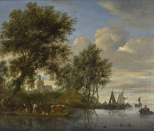 River landscape with animals and figures in a ferry, a church tower and sailing boats beyond, , Salomon van Ruysdael