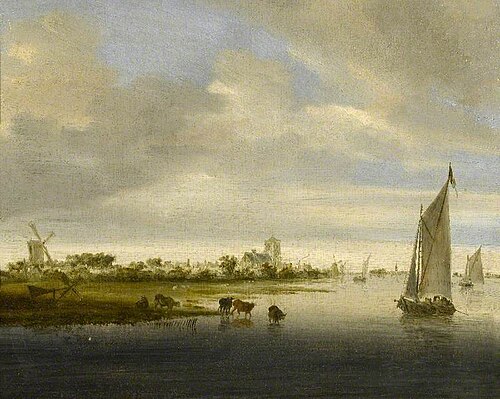 River Landscape with a Sailing Boat Passing Cattle, , Salomon van Ruysdael