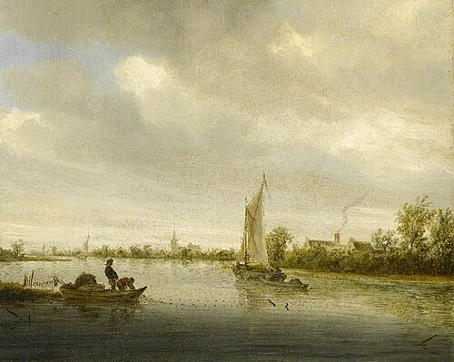 River Landscape with Sailing Boats Passing Cottages, , Salomon van Ruysdael