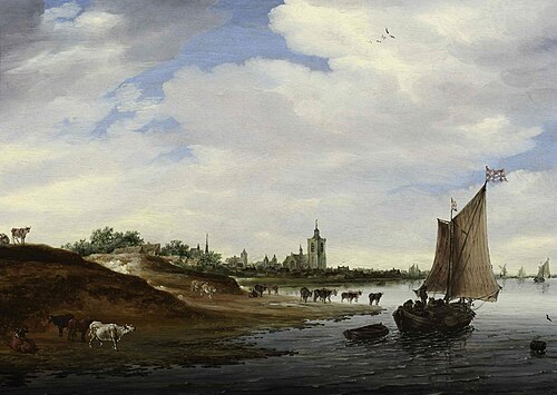 River landscape with a sailboat; in the distance the city of Arnhem, 1644, Salomon van Ruysdael