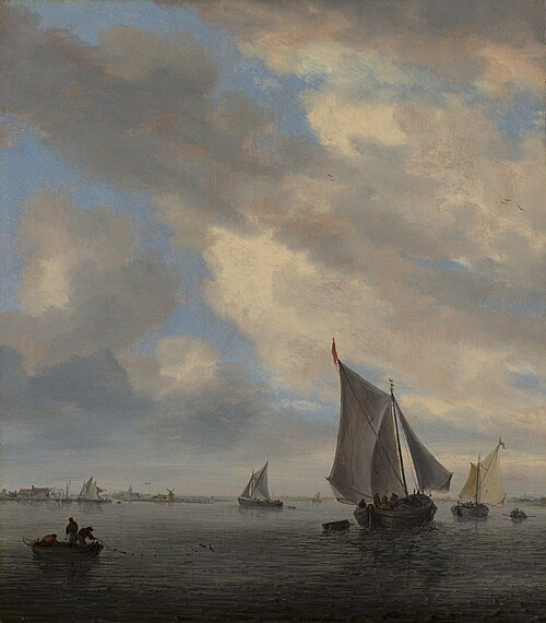 View of a lake with sailing ships, 1650, Salomon van Ruysdael