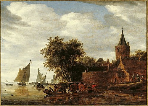 River View with Ferry, Ships and a City Tower, 1664, Salomon van Ruysdael