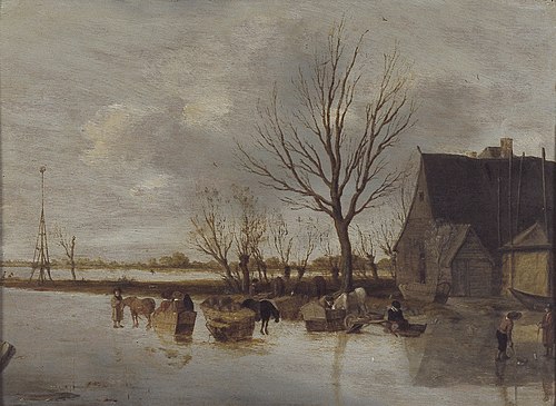 Winter landscape with horse drawn sleighs on the ice near a cottage, 1658, Salomon van Ruysdael