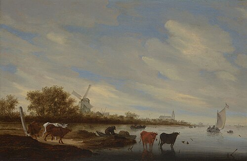 River Landscape with Cows and Windmill, 1669, Salomon van Ruysdael