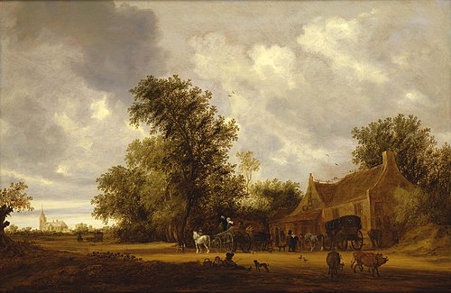 A wooded landscape with cattle, carriages on a track and an inn, a church beyond, 1660, Salomon van Ruysdael