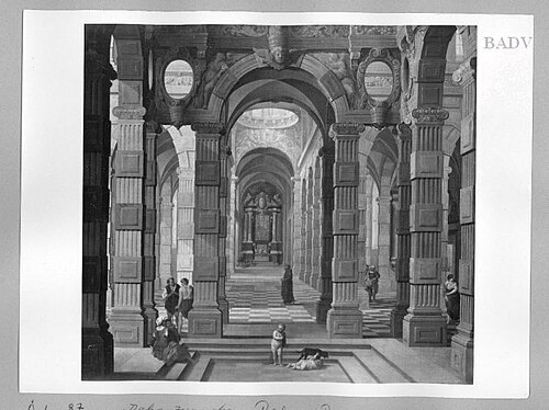 Baroque church interior with a friar and peasants, 1645, Cornelis van Poelenburgh