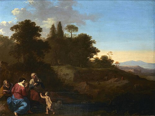 Landscape with the Holy Family and Saints Elizabeth and John the Baptist as a child, 1646, Cornelis van Poelenburgh