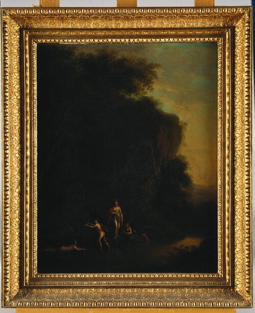 Diana badar med tre nymfer i en bäck under hög klippa med lummig vegetation, 1600, Cornelis van Poelenburgh