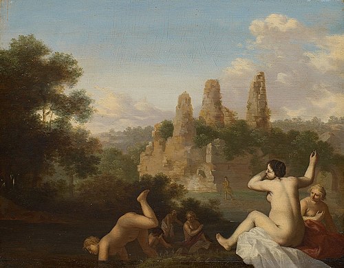 Landschaft bei Albano mit badenden Mädchen (Im Hintergrund das Grabmal der Horatier und Curatier), 1635, Cornelius van Poelenburgh