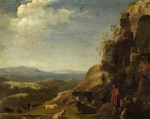 Landscape with herdsman and flocks, , Cornelius van Poelenburgh