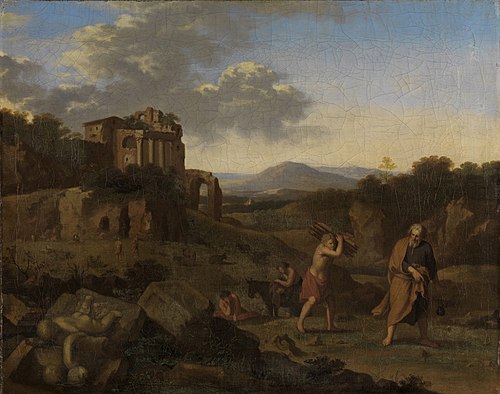 Italianate mountain landscape with Abraham and Isaac on their way to the place of sacrifice, 1628, Cornelius van Poelenburgh