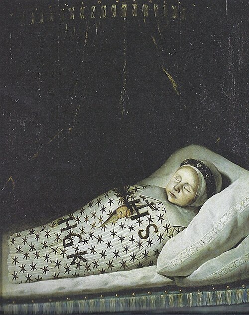 Portrait of a dead child wearing a mourning wreath around its head, 1654, Jan Jansz. de Stomme