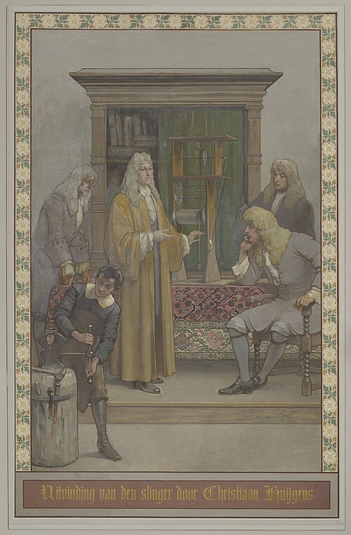 De uitvinding van het slingeruurwerk den slinger door Christiaan Huygens, 1885, George Sturm