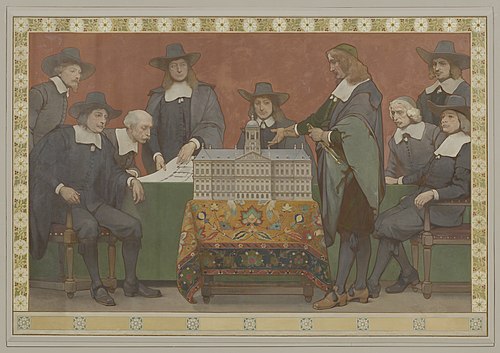 Jacob van Campen with a model for the Amsterdam city hall, , George Sturm