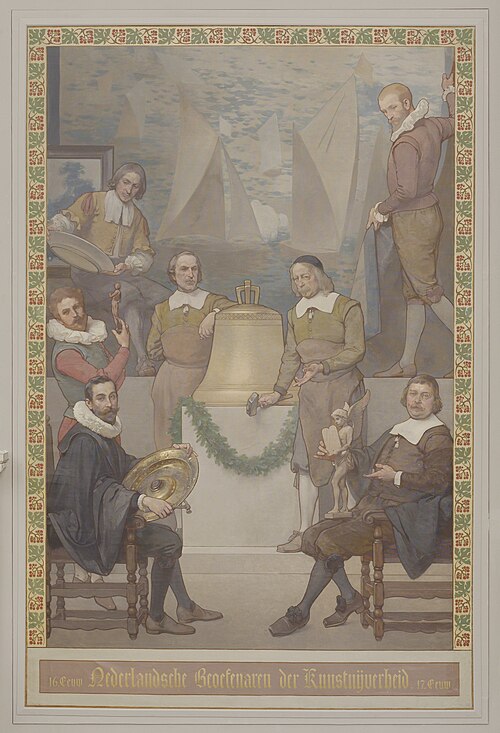 Schildering van de Kunstnijverheid (onder andere het maken van klokken) met het opschrift: 16de eeuw, 1885, George Sturm