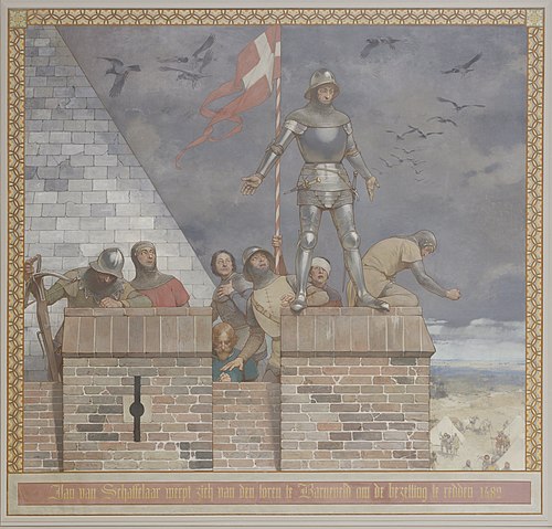Jan van Schaffelaar throws himself from the tower in Barneveld, 1885, George Sturm