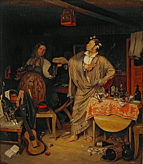 "The fresh cavalier." The 'morning after' of an official who has received his first state order, 1846, Pavel Fedotov