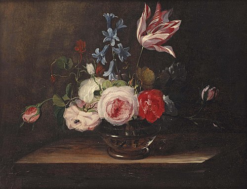 Roses, a tulip, and bluebells in a glass vase, on a wooden ledge, 1650, Jan van den Hecke