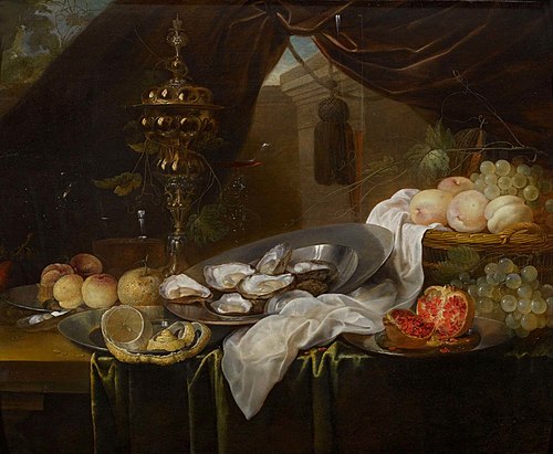 Still life with gold cup, Façon de Venise glassware, fruits and oysters, 1643, Jan van den Hecke