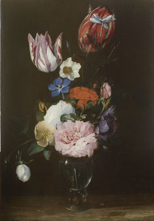 Flowers in a glass vase, 1650, Jan van den Hecke