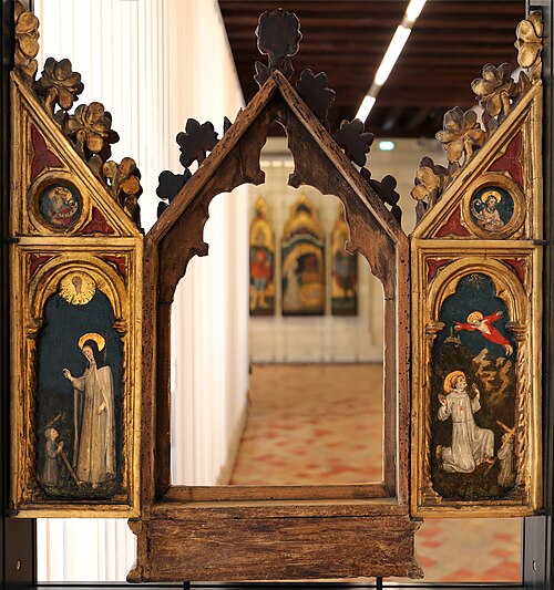 Triptyque. Volets (fermés) : Stigmatisation de saint François. Sainte Claire bénissant une donatrice, 1460, Bonifacio Bembo