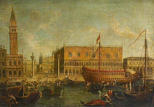 The state vessel Bucentaur moored alongside the Doge's Palace, Venice, , Michele Marieschi