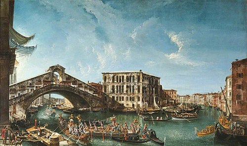 View of the Rialto Bridge and the Palazzo dei Camerlenghi with the festive entry of the Patriarch An, 1737, Michele Marieschi