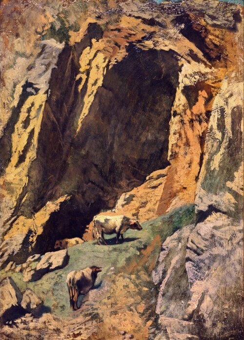 Rock cleft with cows, 1855, Anselm Feuerbach