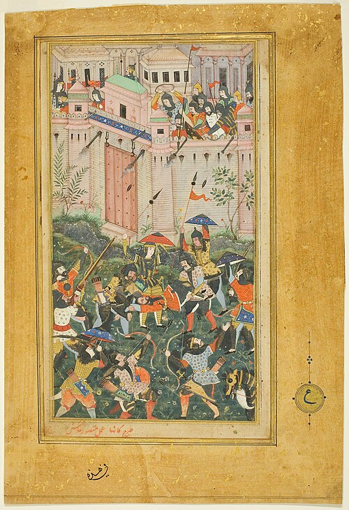 Kichik Beg Wounded during Babur's Attack on Qalat, page from a copy of the Baburnama (Book of Babur), 1590, Ustad Mansur